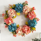 16" Artificial Hydrangea Garland Vine, Blue & Pink Silk Flowers for Indoor Decor, Wreaths, and Festive Displays