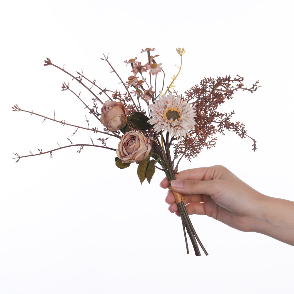 13" Artificial Silk Flower Bouquet, Vintage-Style Roses & Daisies with Hydrangea, Home Decor Centerpiece, Tabletop Arrangement, Gift Bundle (No Vase Included)