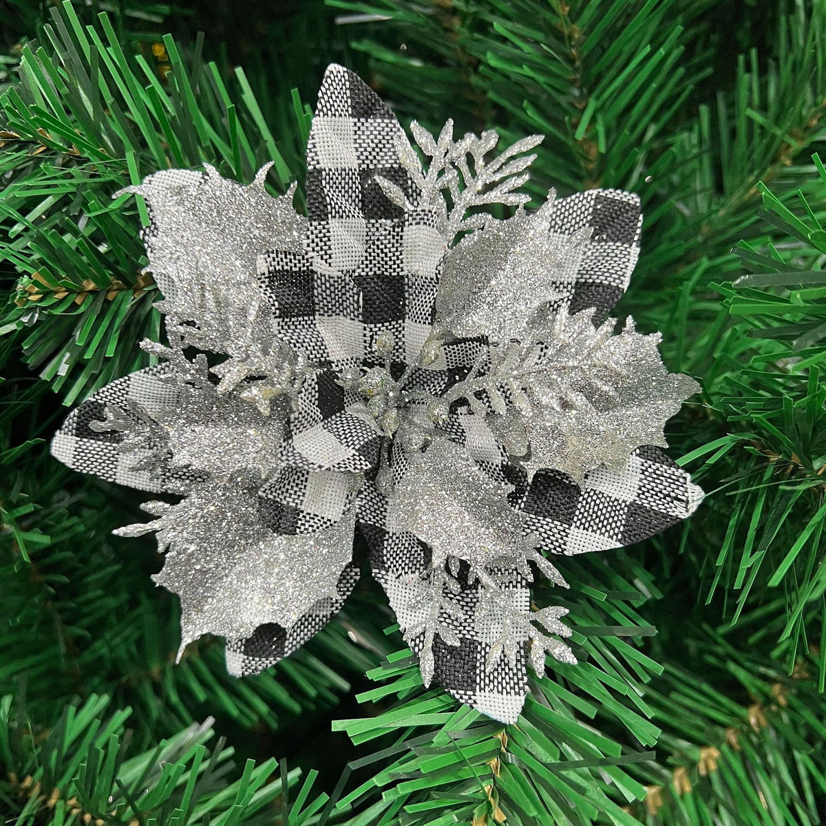 Christmas Poinsettia Artificial Flower, 5.5" Loose Floral Head for Holiday Decor, Red & Silver Options, Festive Tabletop or Tree Decoration