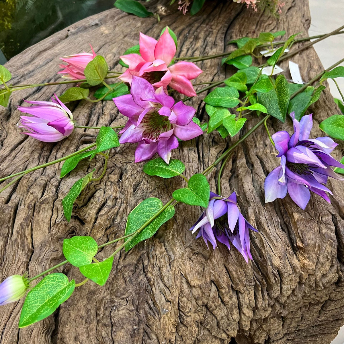 Artificial Clematis Leaf Stem, 35" Tall, Silk Floral Single Stem with 3 Blooms, Perfect for Home Decor, Hotel Displays, and Window Styling