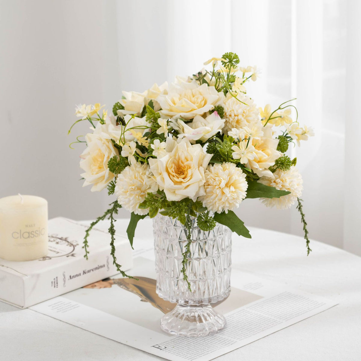 Artificial Rose & Chrysanthemum Bush, 11" Realistic Fake Flower Arrangement for Weddings, Home Decor, Centerpieces
