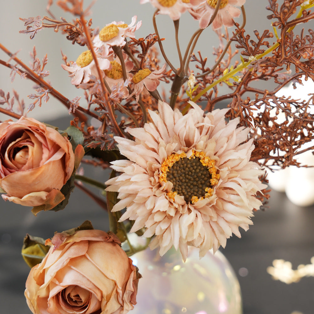 13" Artificial Silk Flower Bouquet, Vintage-Style Roses & Daisies with Hydrangea, Home Decor Centerpiece, Tabletop Arrangement, Gift Bundle (No Vase Included)