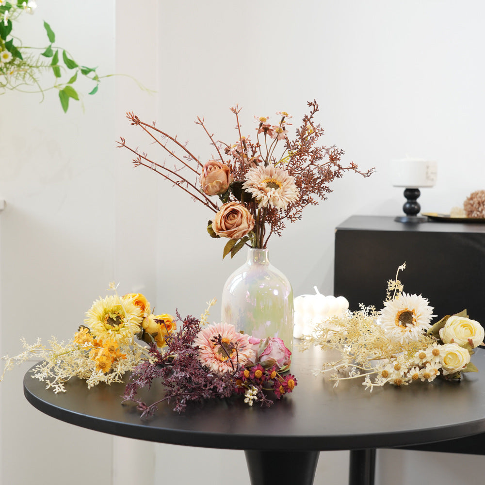 13" Artificial Silk Flower Bouquet, Vintage-Style Roses & Daisies with Hydrangea, Home Decor Centerpiece, Tabletop Arrangement, Gift Bundle (No Vase Included)