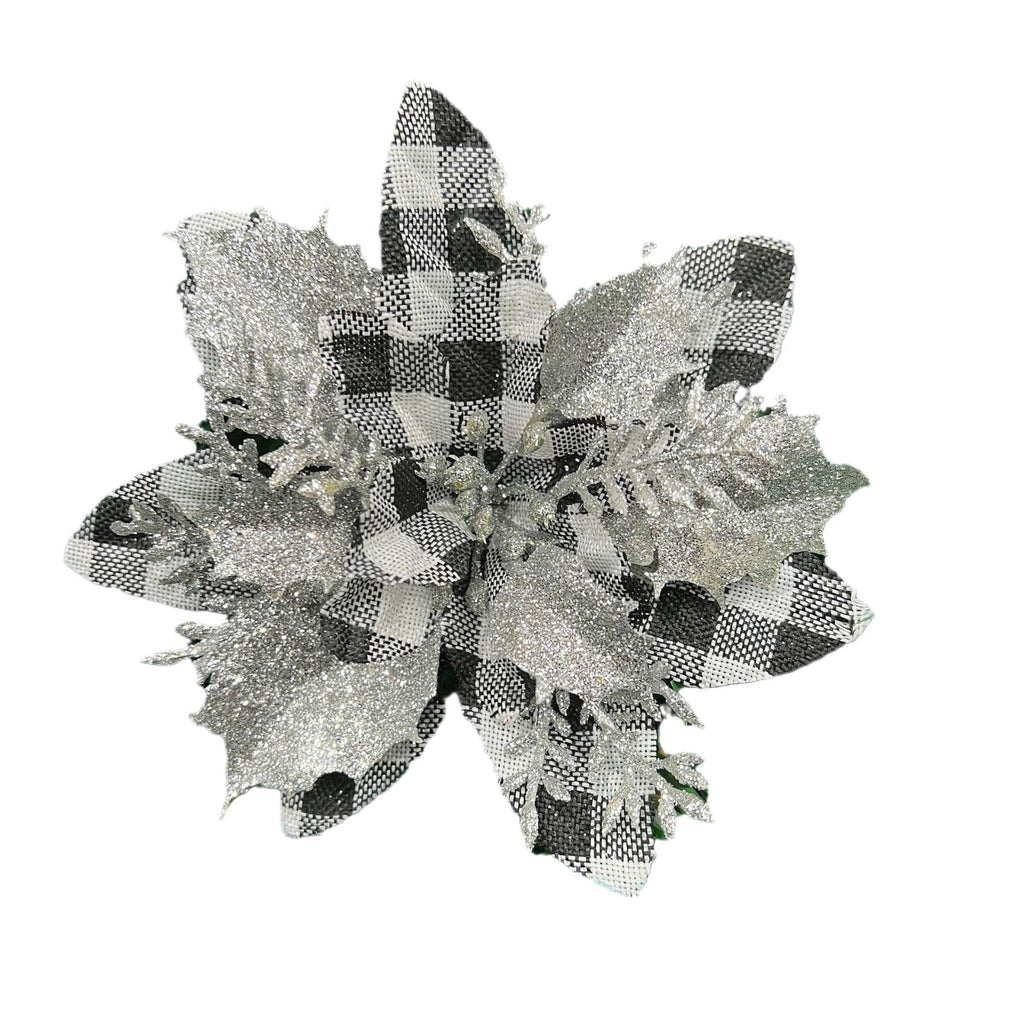 Christmas Poinsettia Artificial Flower, 5.5" Loose Floral Head for Holiday Decor, Red & Silver Options, Festive Tabletop or Tree Decoration
